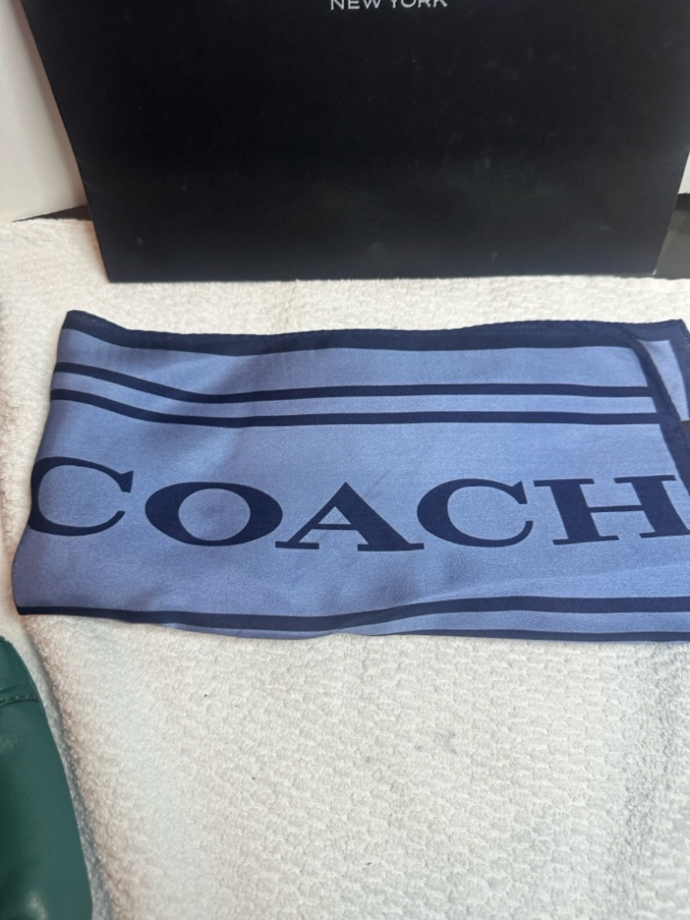Coach 100% silk scarf women’s Light Blue and Navy Logo